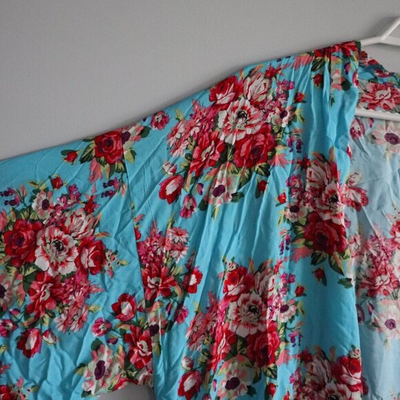 Floral Women's Sz L/XL Open Front Mid Sleeve Cover Up Wrap Kimono Robe - Picture 3 of 10